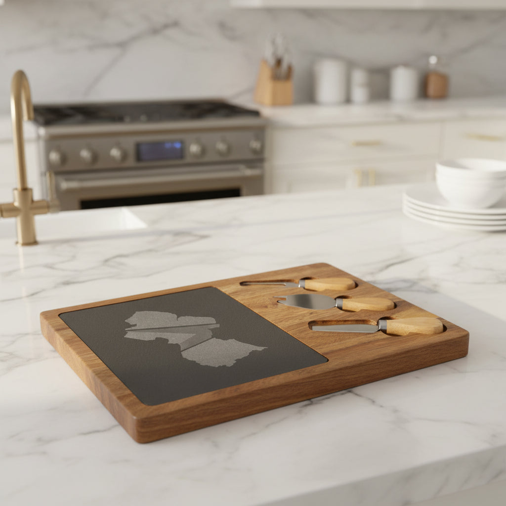 Personalized Engraved Charcuterie Board with Slate Inlay – Custom State Outline Cheese Board Gift