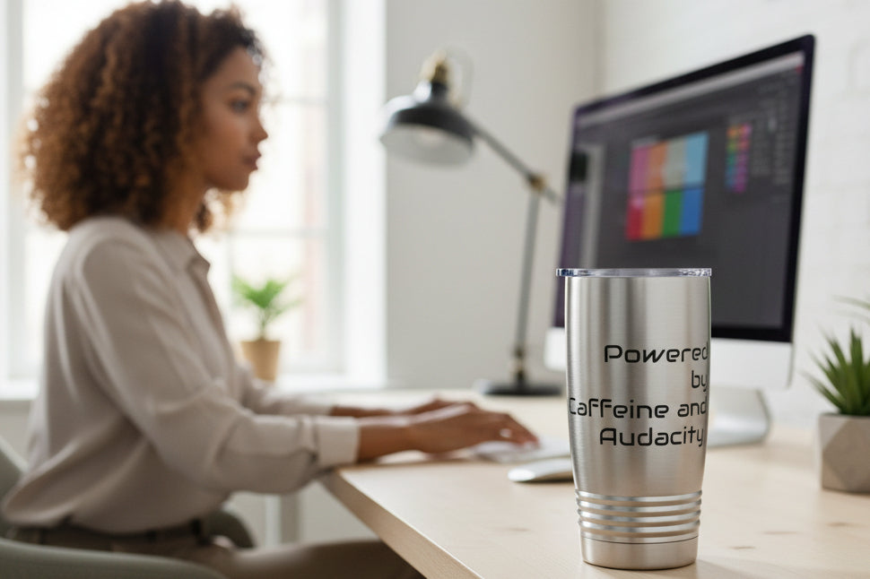 20oz Tumbler — "Powered by Caffeine and Audacity" Travel Mug